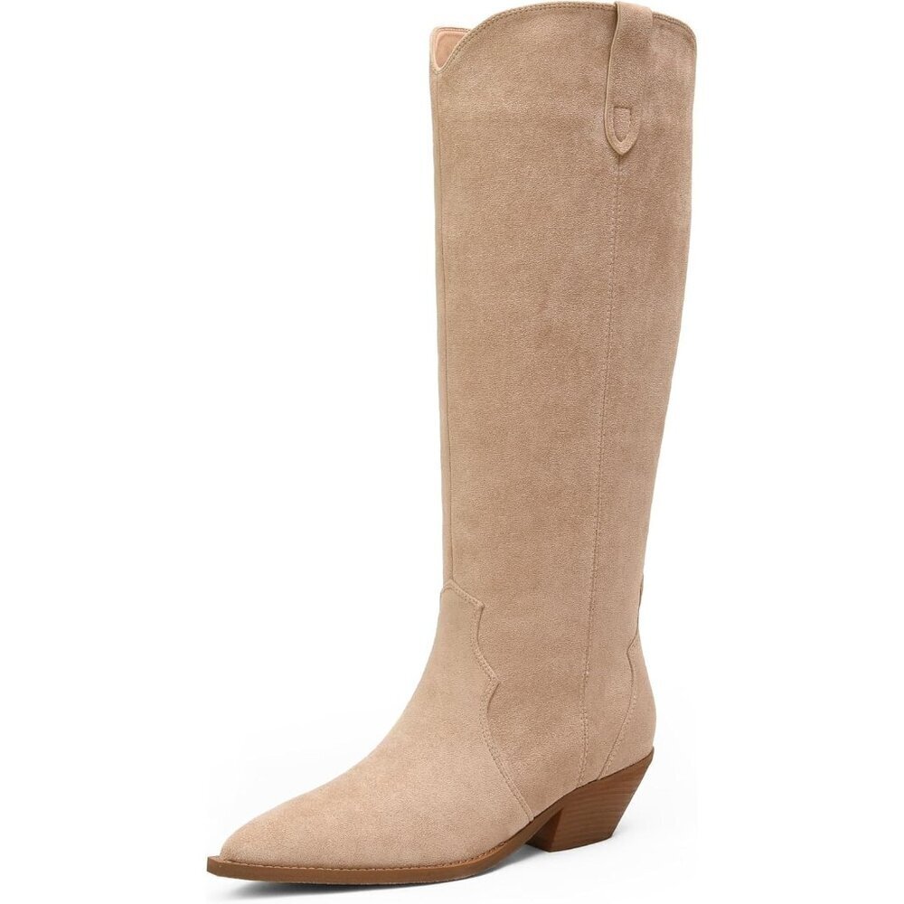 Women's Beige Knee High Faux Suede Cowgirl Chunky Heel Pointed Toe Boots